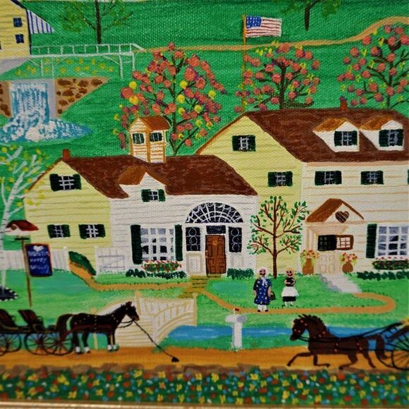 Folk Art Primitive Americana Vintage Art Naif BHC Signed Canvas Painting Naive - Picture 5 of 9